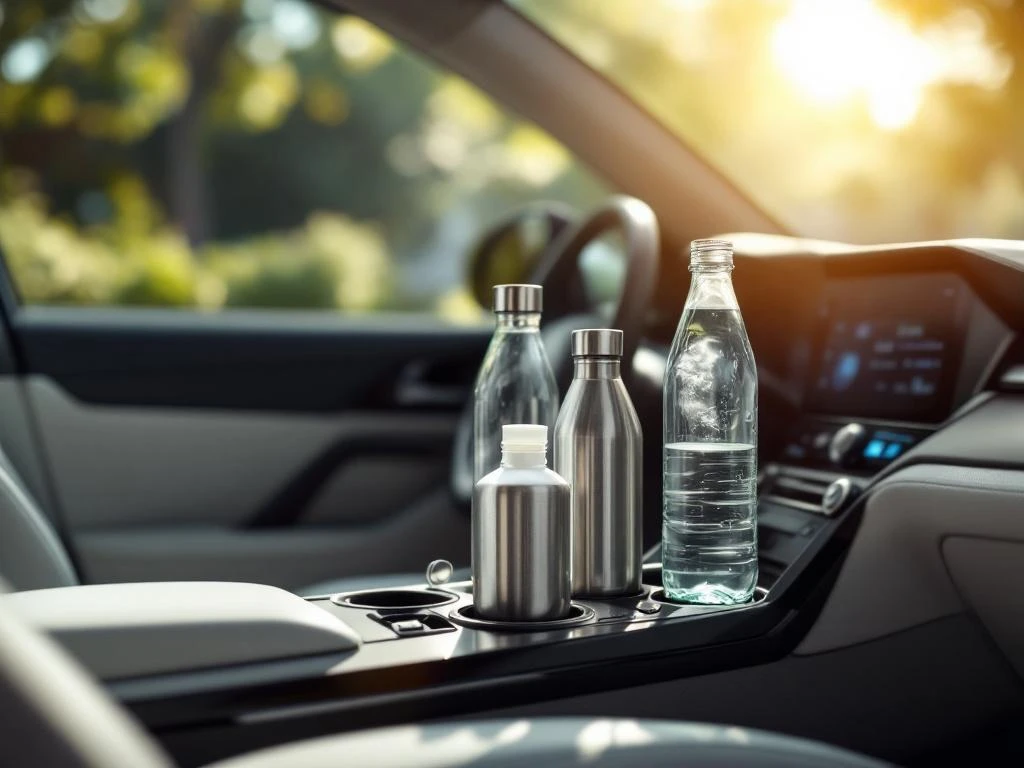 Auto dashboard met verschillende waterflessen van staal, glas en bioplastic in bekerhouders, verlicht door zonlicht