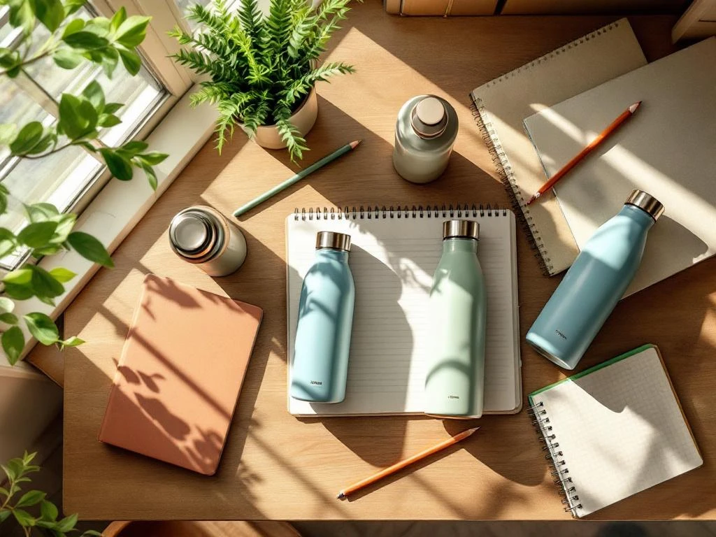 Duurzame waterflessen in aardse tinten op houten schoolbureau met schoolbenodigdheden bij natuurlijk daglicht