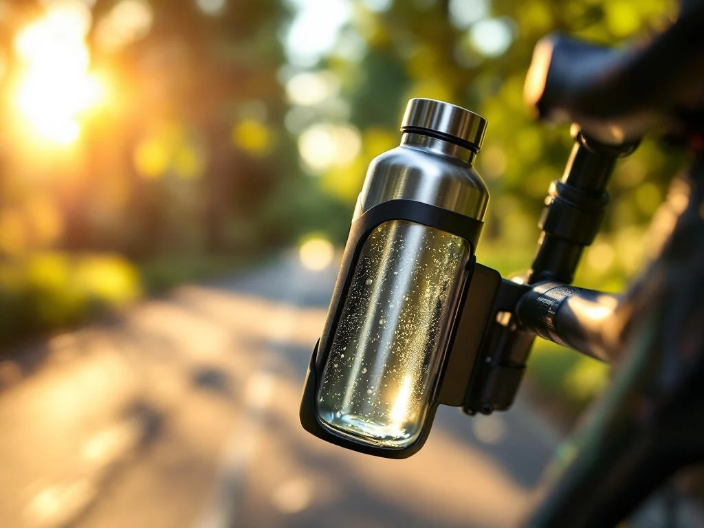 Roestvrijstalen waterfles in zwarte fietsbidonhouder op carbonframe met dauwdruppels in gouden zonlicht