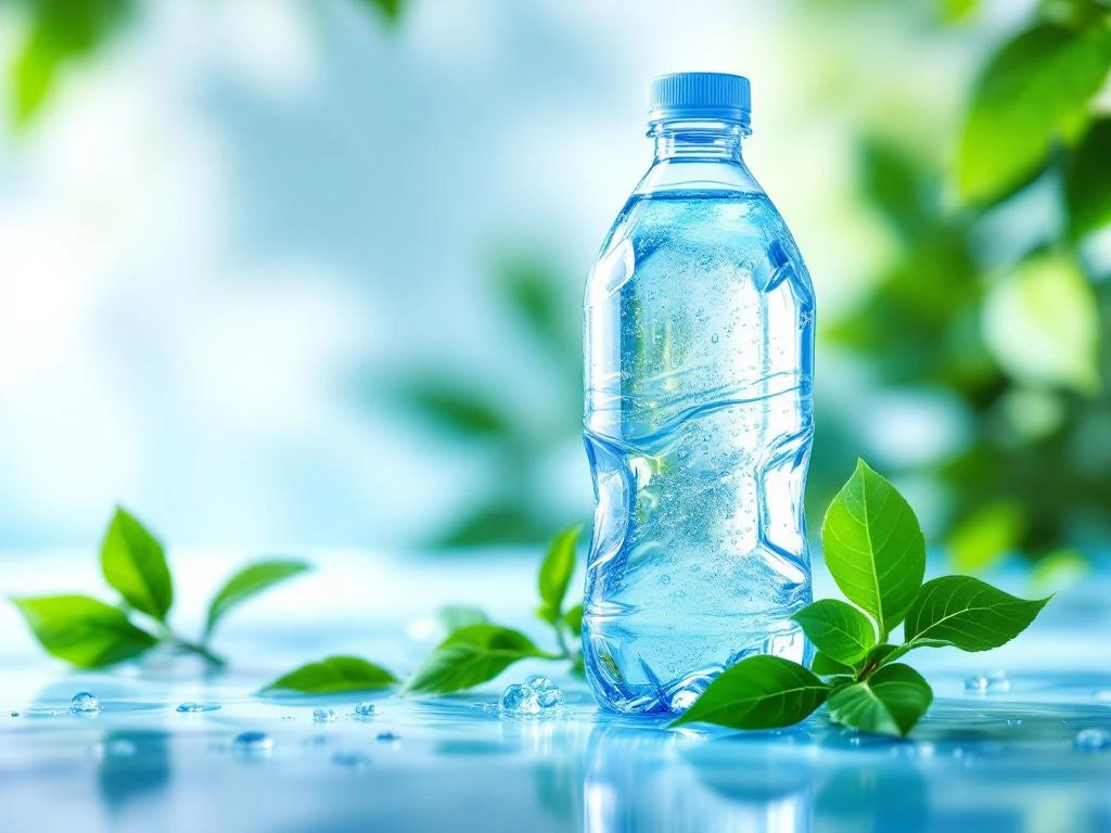 Kristalheldere glazen waterfles met natuurlijke verlichting, groene bladeren en waterdruppels voor puurheid