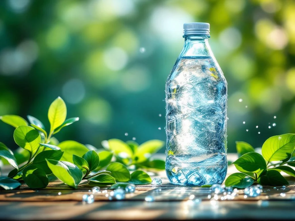 Glazen waterfles op houten ondergrond met groene bladeren en zonlicht, duurzaam en milieuvriendelijk concept