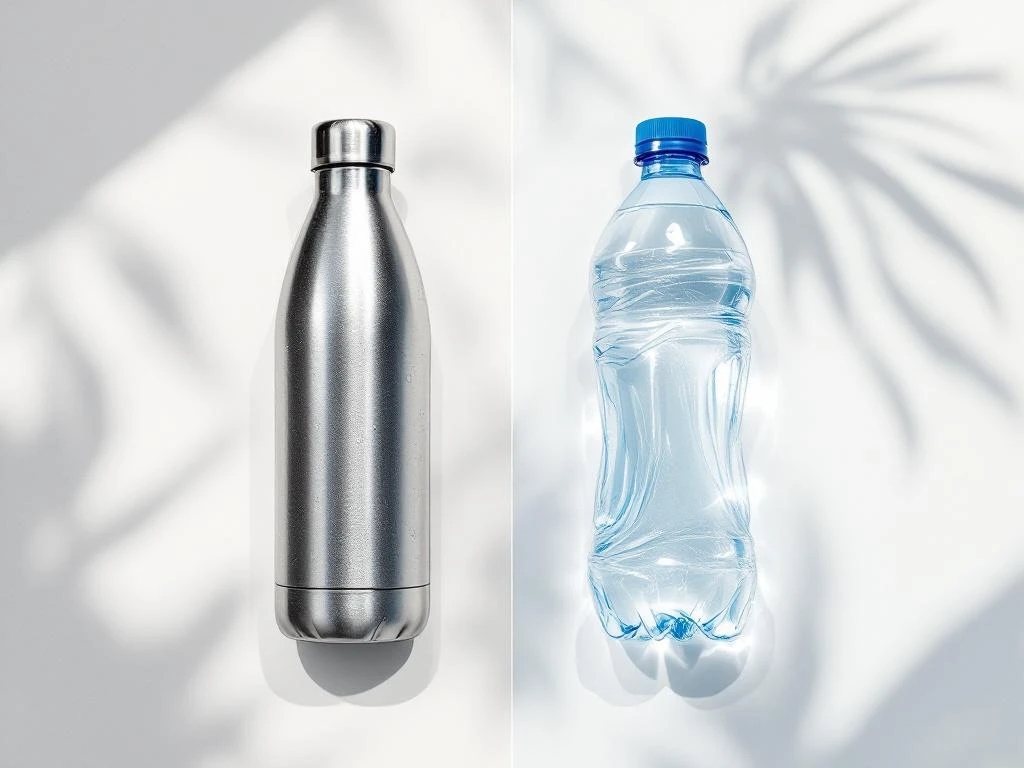 Vergelijking van herbruikbare roestvrijstalen waterfles en wegwerp plastic fles op witte achtergrond