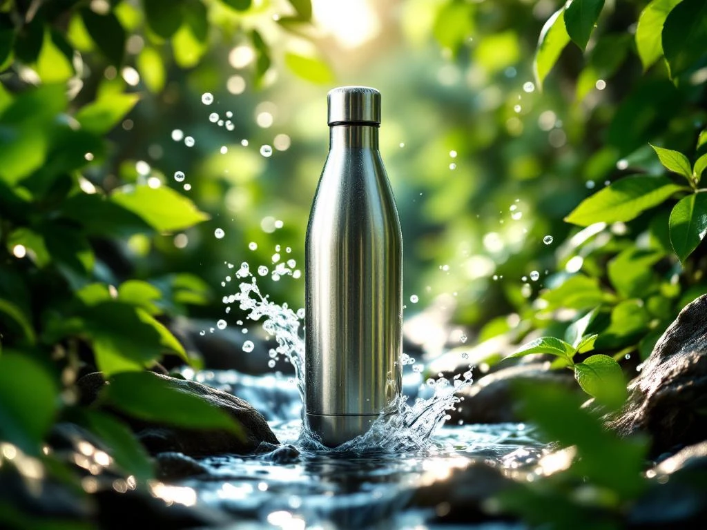 Roestvrijstalen herbruikbare waterfles met waterdruppels tegen groene natuurachtergrond, duurzaam alternatief