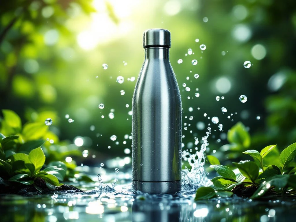 Roestvrijstalen herbruikbare waterfles met waterdruppels tegen groene natuurachtergrond, eco-vriendelijk concept