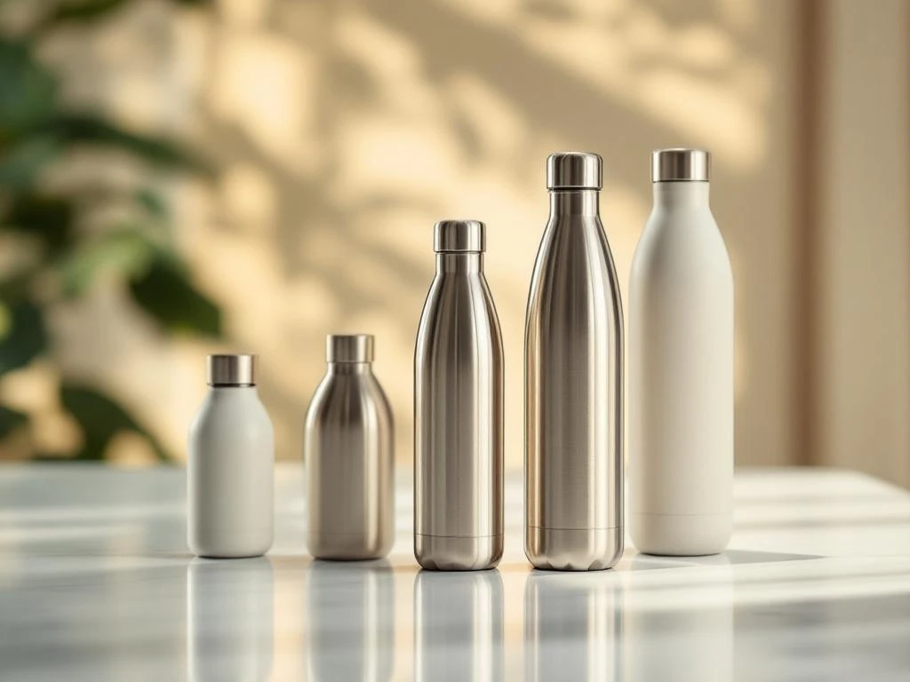 Herbruikbare waterflessen van verschillende maten op witte ondergrond met natuurlijke verlichting