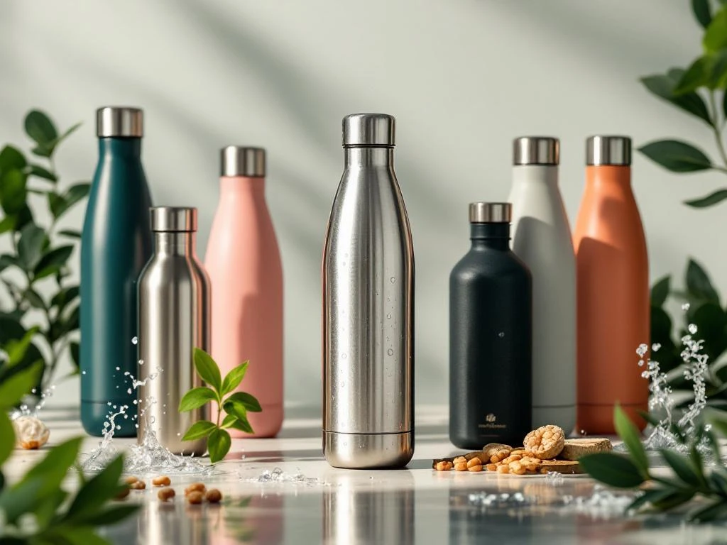 Collectie premium herbruikbare waterflessen van roestvrij staal en BPA-vrije materialen met waterdruppels op groene achtergrond