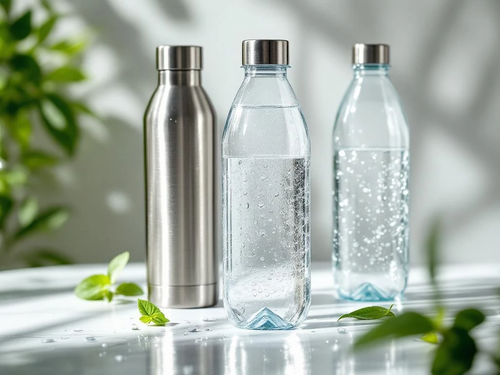 Drie premium waterflessen van staal, glas en plastic op witte ondergrond met dramatische verlichting en waterdruppels