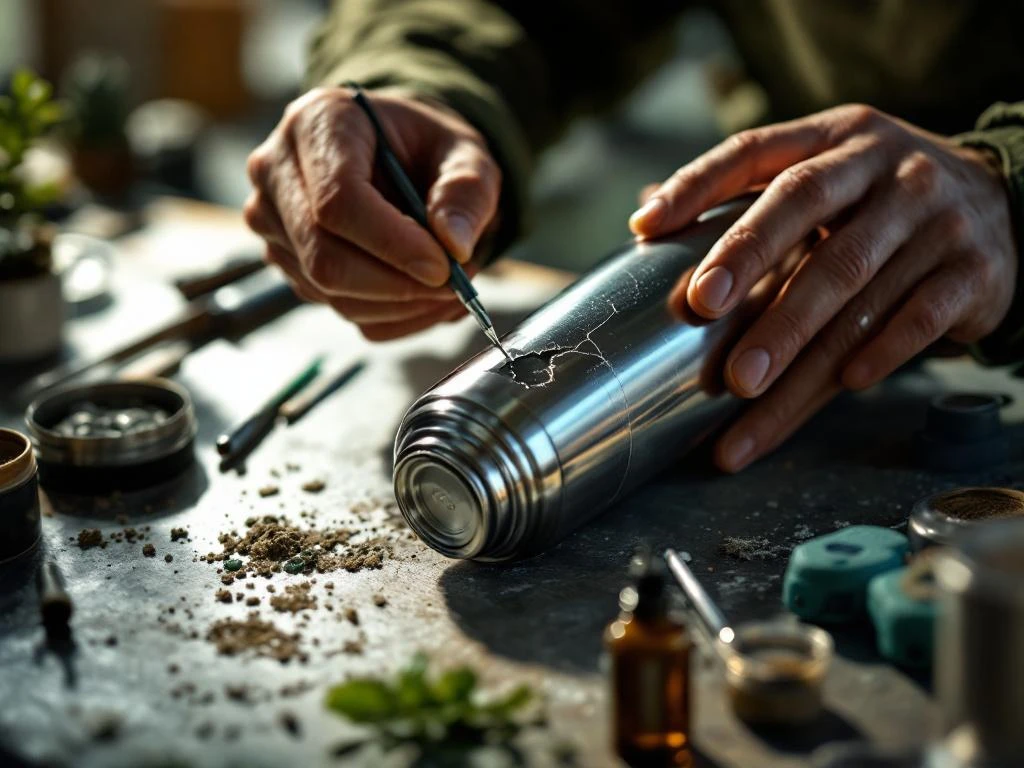 Handen repareren gebarsten roestvrijstalen waterfles met gespecialiseerde gereedschappen en lijm op werkbank