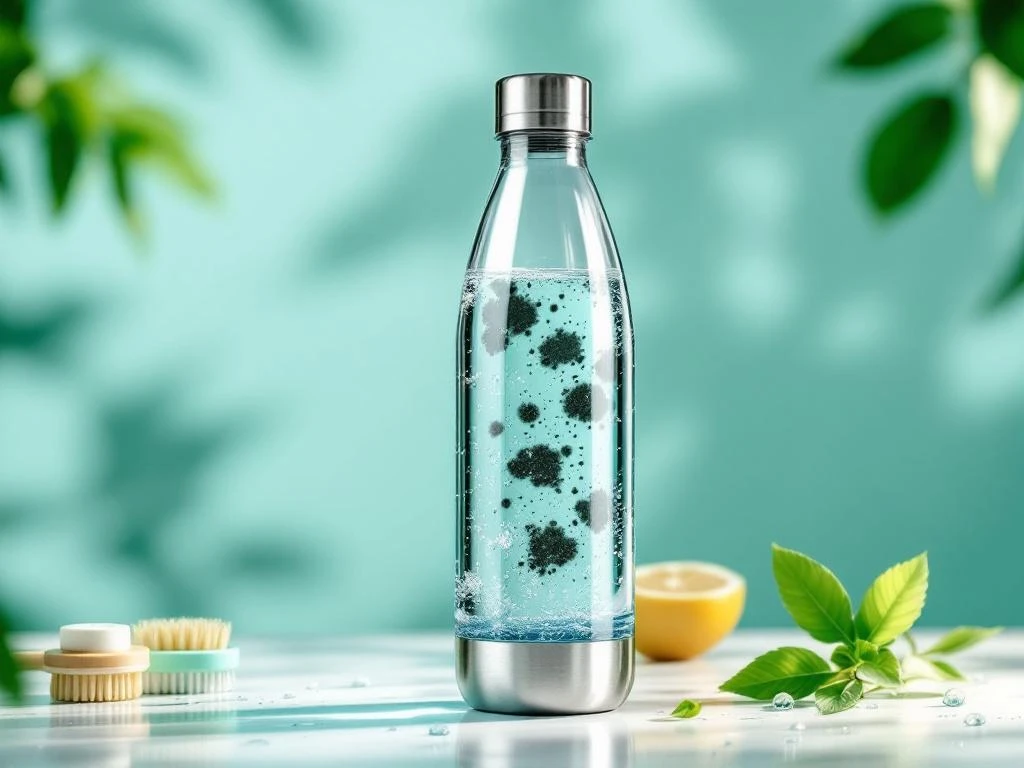 Roestvrijstalen waterfles met zichtbare schimmelvorming, omringd door schoonmaakborstel en reinigingstabletten voor preventie