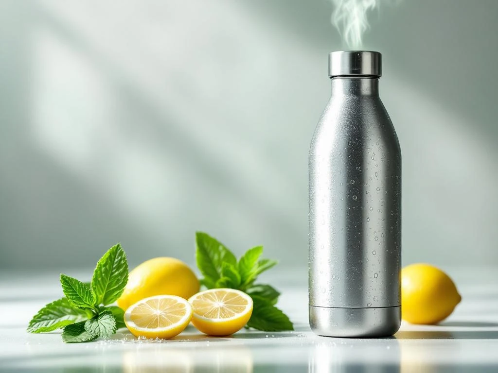 RVS waterfles met condensdruppels en groene stoom, omringd door verse munt en citroen tegen minimalistische achtergrond