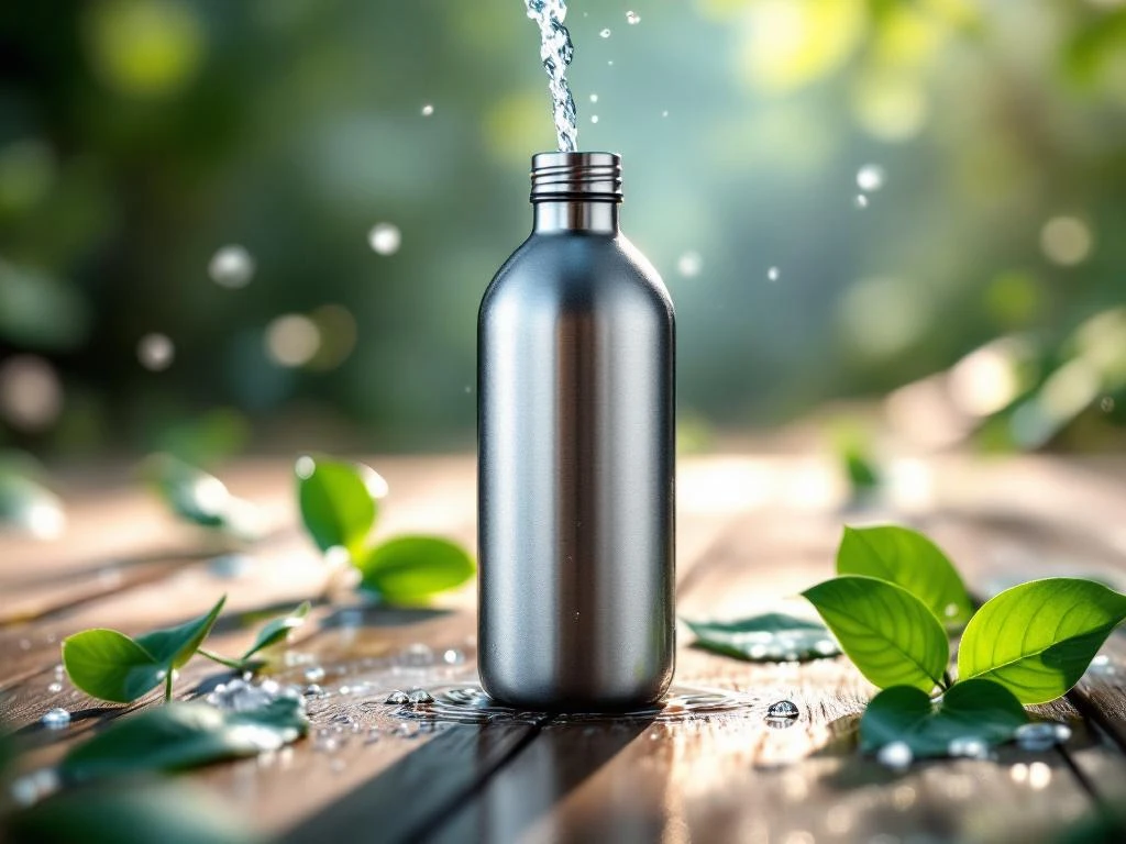 Roestvrijstalen waterfles op houten oppervlak met waterdruppels en groene bladeren, water stroomt uit opening
