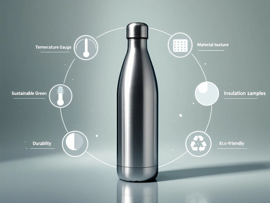 Roestvrijstalen waterfles omringd door infographic iconen voor temperatuur, maat, duurzaamheid en milieu-impact