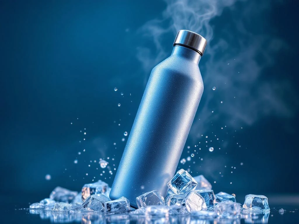 Roestvrijstalen waterfles met condensdruppels omringd door ijsblokjes en kristallen op blauwe achtergrond