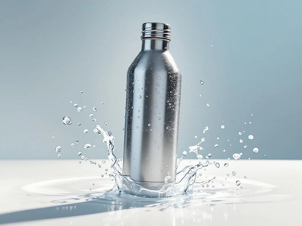 RVS waterfles met waterdruppels en spateffecten op witte ondergrond, toont lekdichte afsluiting en premium kwaliteit