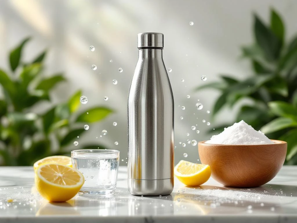 Roestvrijstalen waterfles met natuurlijke schoonmaakmiddelen: citroen, azijn en zuiveringszout op marmeren oppervlak