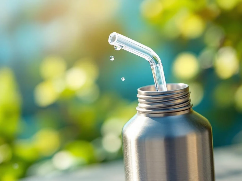 Roestvrijstalen waterfles met rietje en waterdruppels tegen groene achtergrond, duurzaam drinkfles design