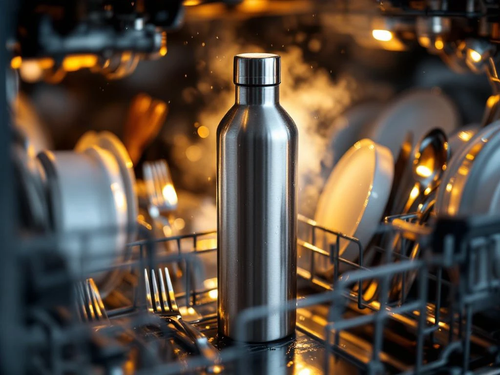 Roestvrijstalen waterfles in open vaatwasser met schone vaat, verlicht door LED-licht met stoomeffect