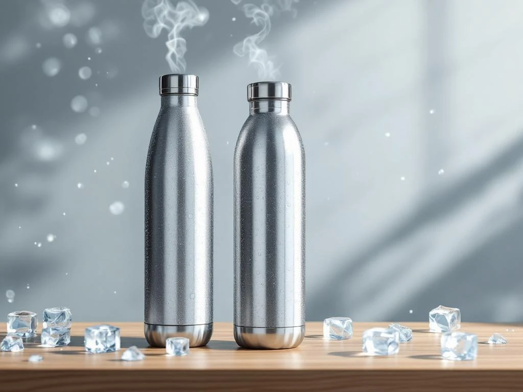 Drie roestvrij stalen waterflessen met condensdruppels en ijskristallen op houten ondergrond, tonen isolatietechnologie.