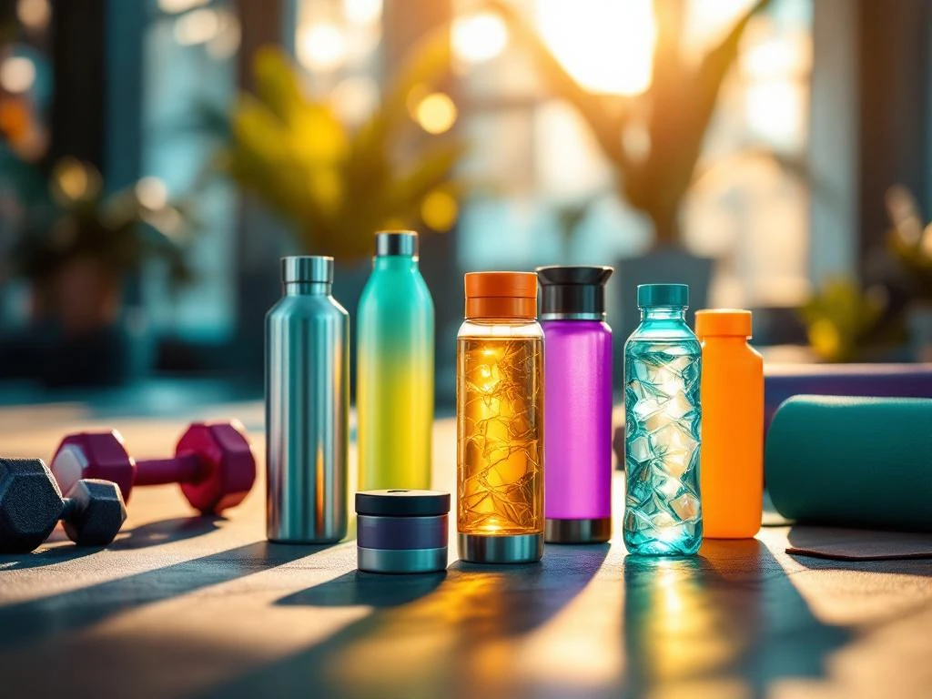 Premium waterflessen van roestvrij staal en BPA-vrij plastic gerangschikt op moderne sportschool vloer met halters