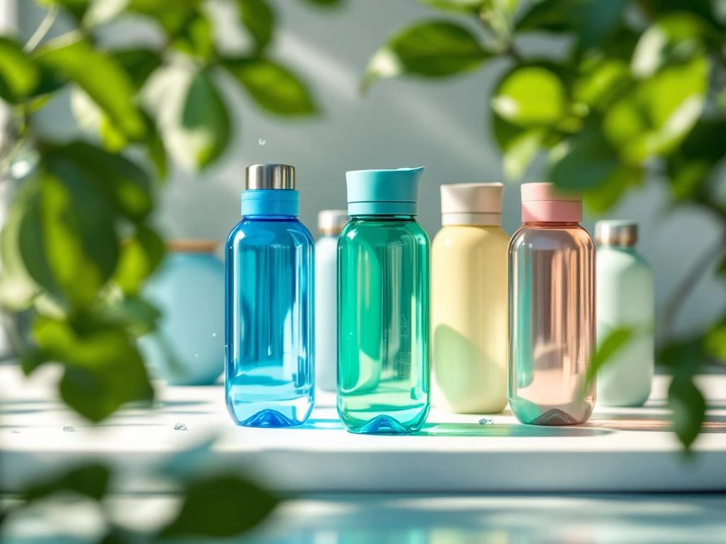 Kleurrijke veilige waterflessen van staal, plastic en glas op witte ondergrond met natuurlijk licht en groene bladeren