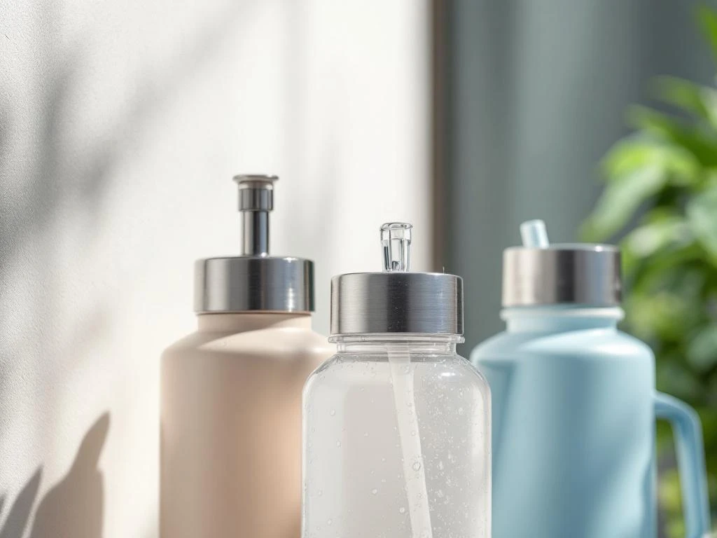 Drie verschillende waterflesdoppen in driehoeksformatie: wijde opening, sportdop en rietjesdeksel op witte achtergrond