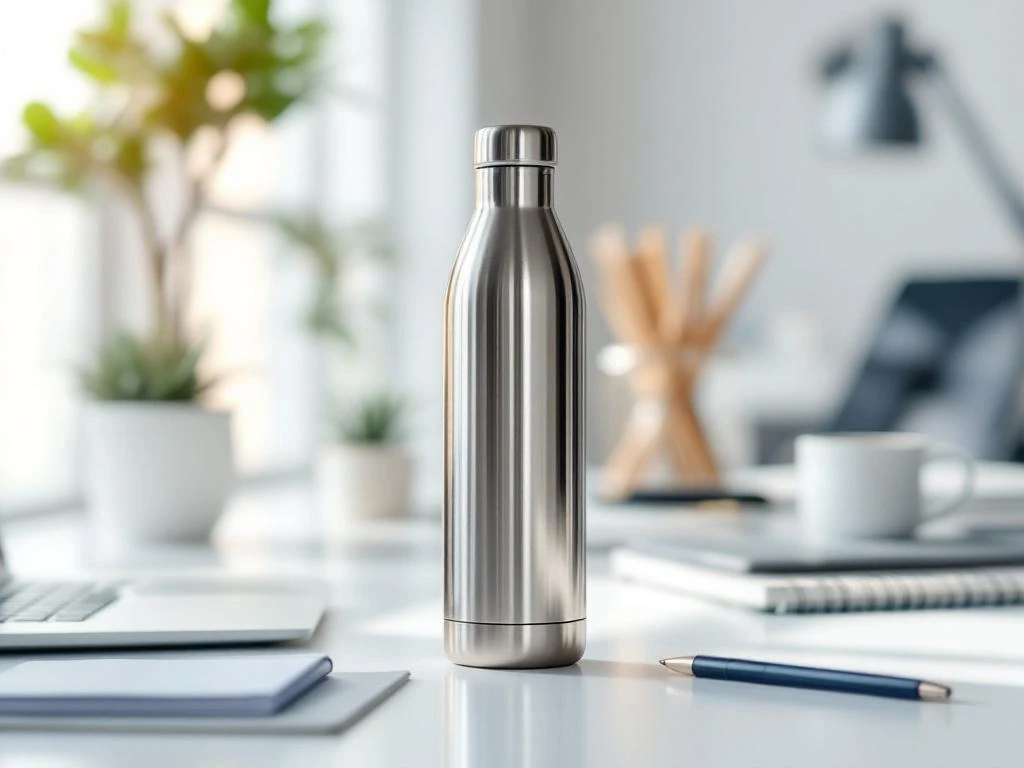 Roestvrijstalen waterfles op moderne kantoorbureau met laptop en kantoorbenodigdheden in natuurlijk licht