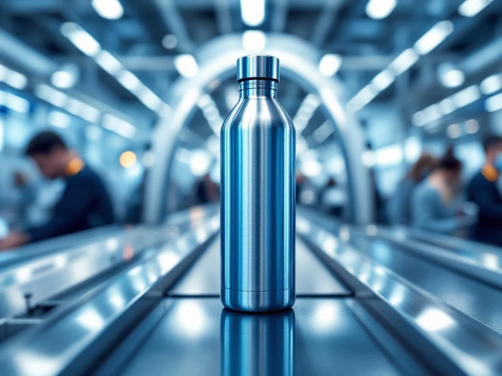 Roestvrijstalen waterfles op luchthaven beveiligingscontrole met röntgenscanner en metaaldetector op achtergrond
