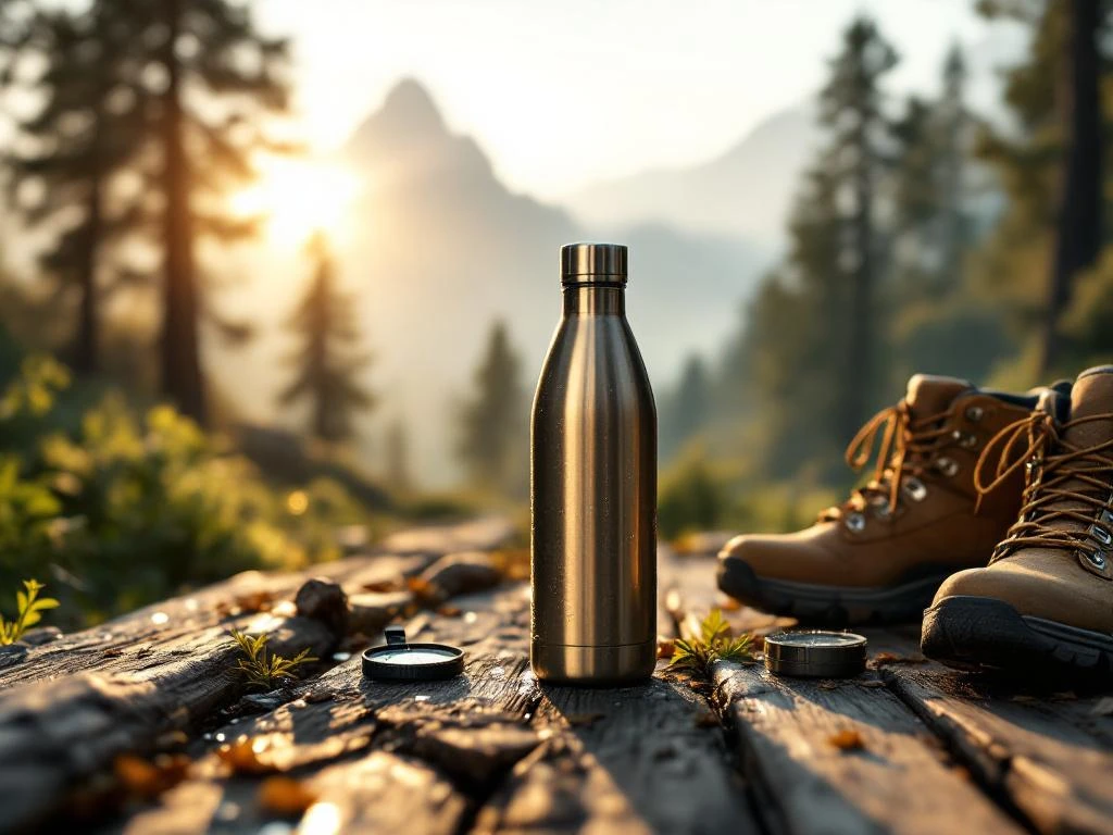 Premium waterflessen van roestvrij staal op houten planken met bergachtergrond, gouden zonlicht en wandeluitrusting