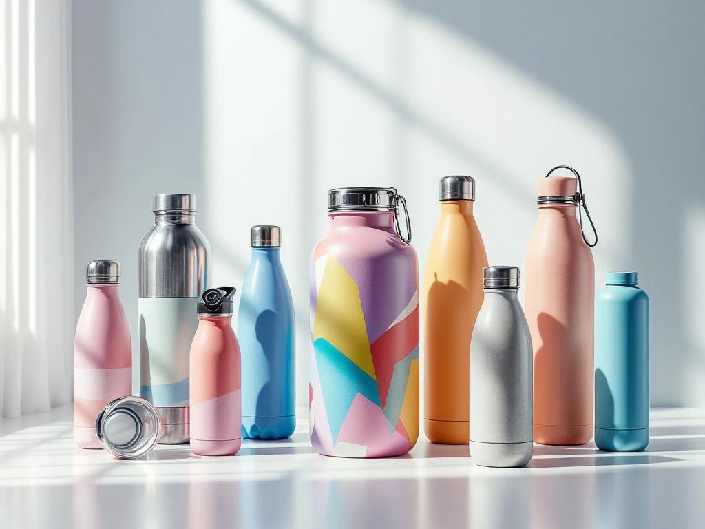 Diverse herbruikbare waterflessen in verschillende materialen en kleuren op witte ondergrond met dramatische belichting