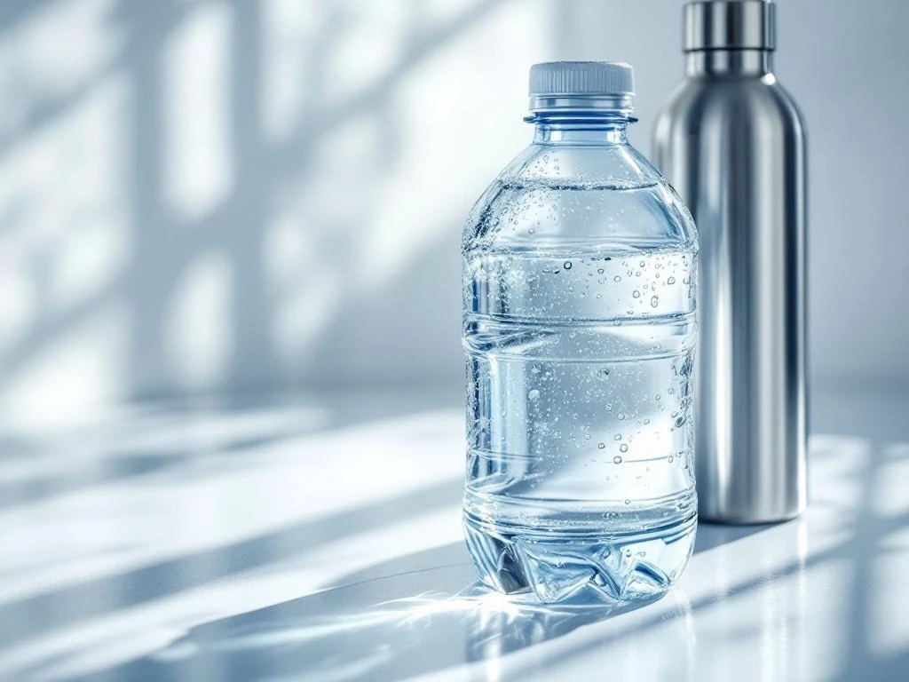 Plastic waterfles met troebel water en druppels naast schone roestvrijstalen fles op witte ondergrond