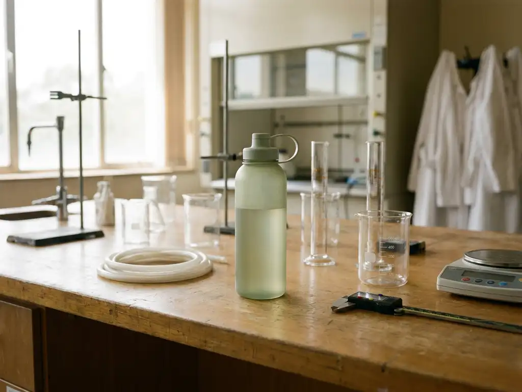 Biobased waterfles van suikerriet op houten laboratoriumtafel omringd door meetinstrumenten in natuurlijk licht