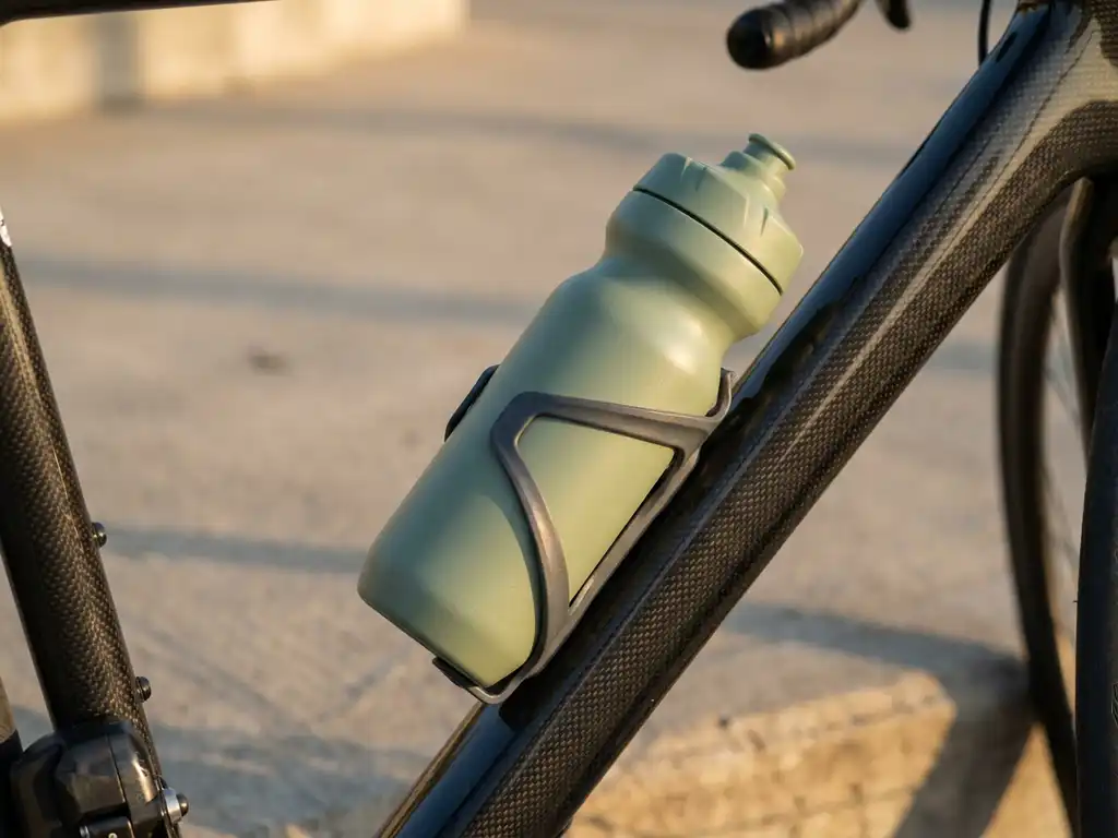 Biobased bidon van suikerriet in moderne fleshouder op carbon fiets frame, perfecte pasvorm met zachte schaduwen
