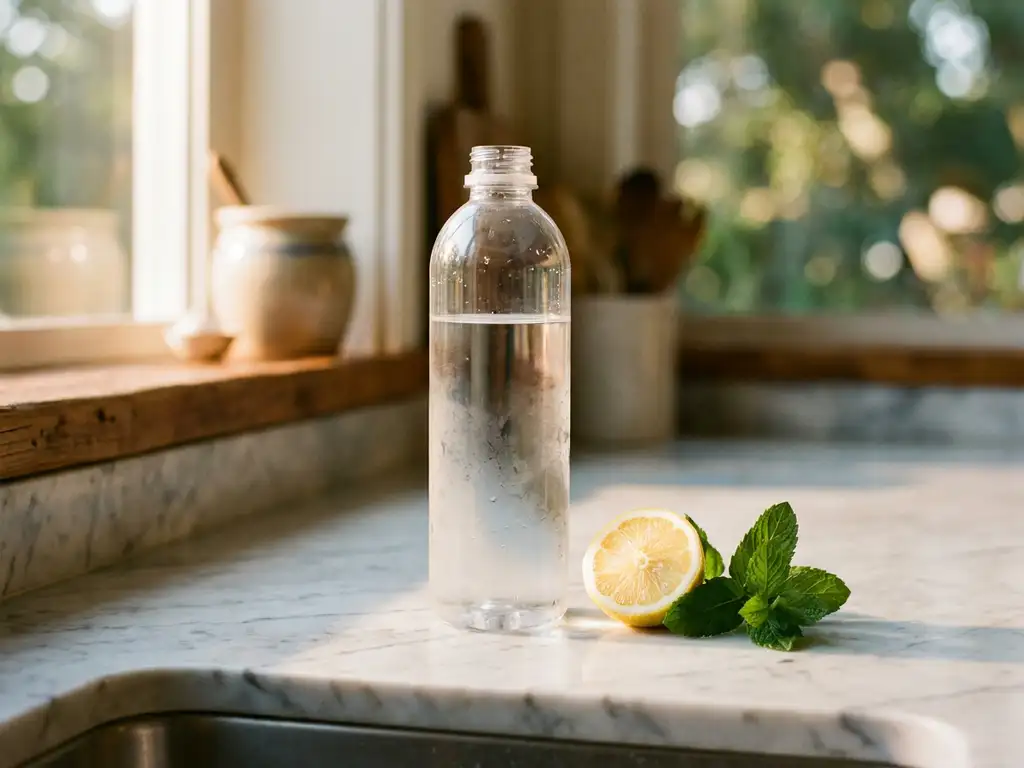 Biobased waterfles met kristalhelder water op marmeren aanrecht naast verse citroen en munt in natuurlijk zonlicht