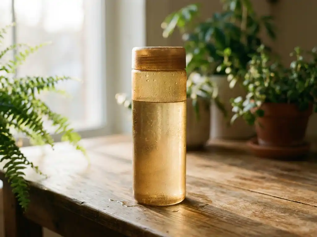 Biobased waterfles van doorschijnend suikerrietmateriaal op houten oppervlak, gevuld met helder water, natuurlijk licht