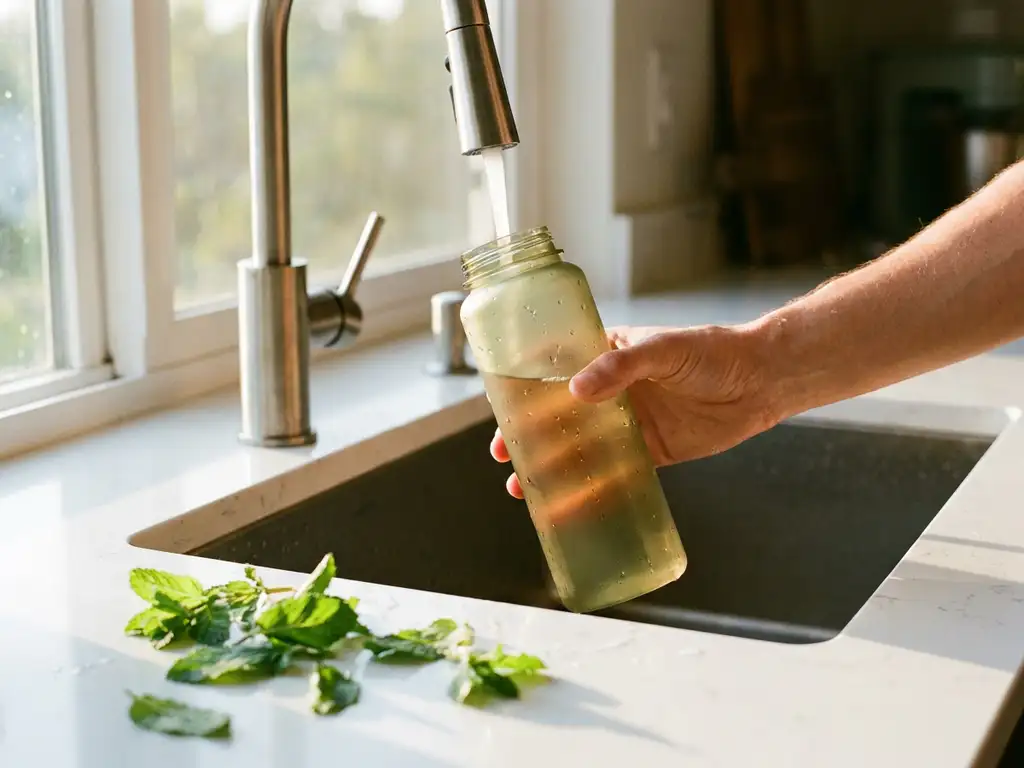 Biologisch afbreekbare waterfles van suikerriet wordt gespoeld onder kraanwater in moderne keuken met muntblaadjes
