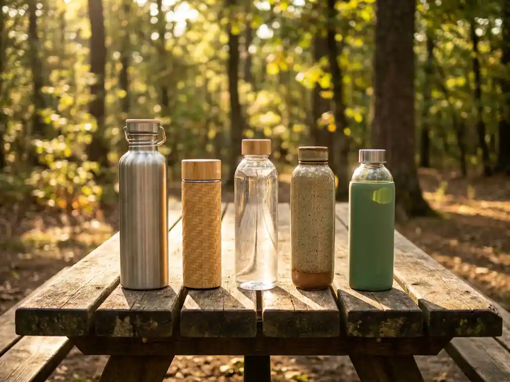 Vijf milieuvriendelijke waterflessen van roestvrij staal, bamboevezel en gerecycled plastic op verweerde houten picknicktafel in bosopen plek met gefilterd zonlicht