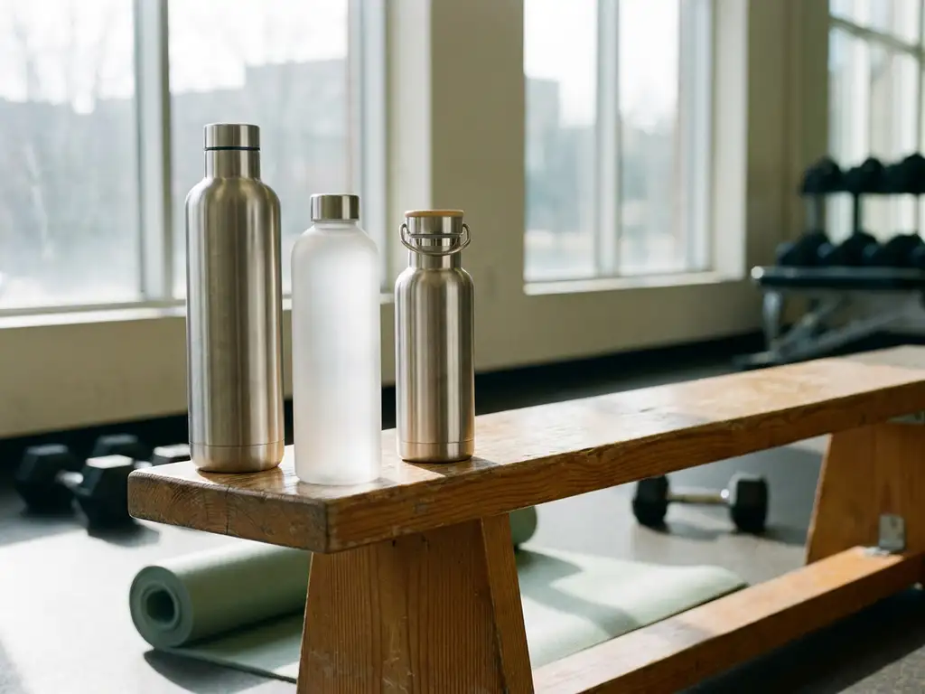 Herbruikbare waterflessen van verschillende materialen op houten fitnessbank met yogamat en halters op achtergrond
