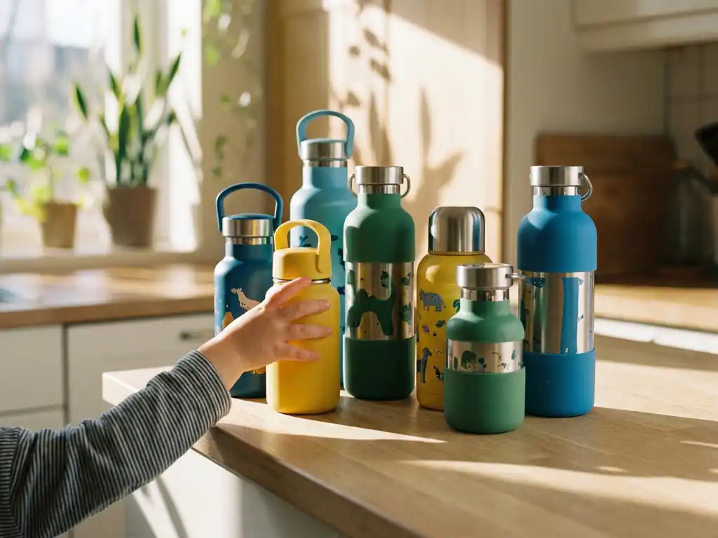 Kind reikt naar kleurrijke herbruikbare drinkflessen op houten keukentafel in natuurlijk ochtendlicht