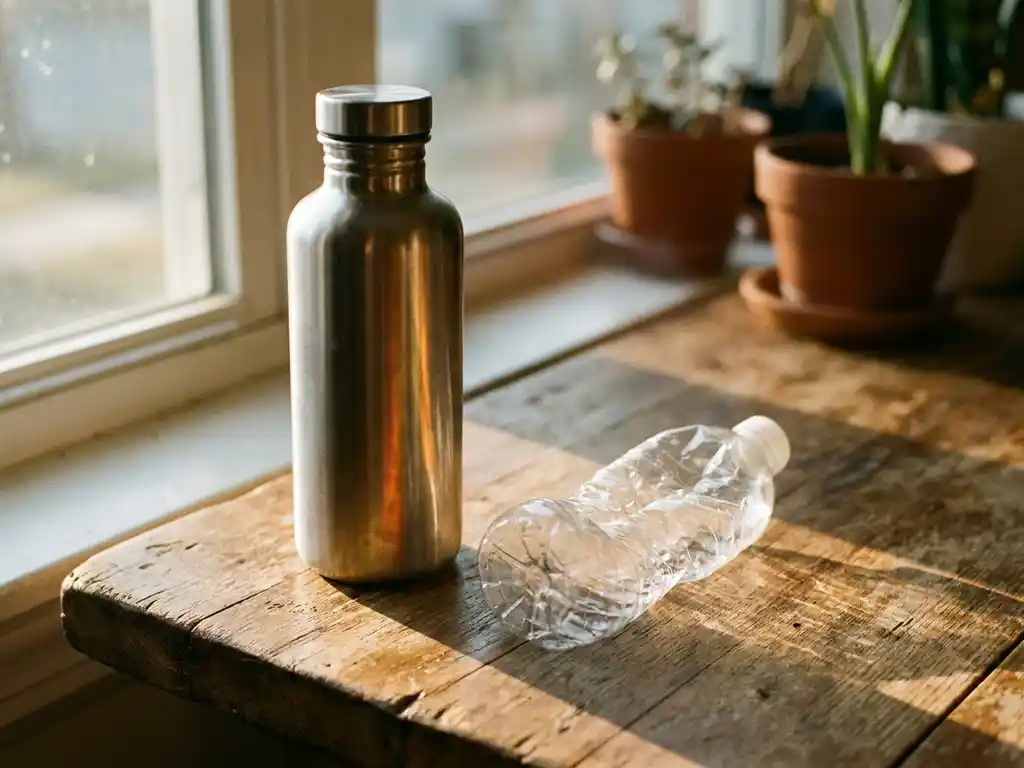 Roestvrijstalen waterfles naast verfrommelde plastic fles op houten oppervlak met ochtendlicht en warme reflecties