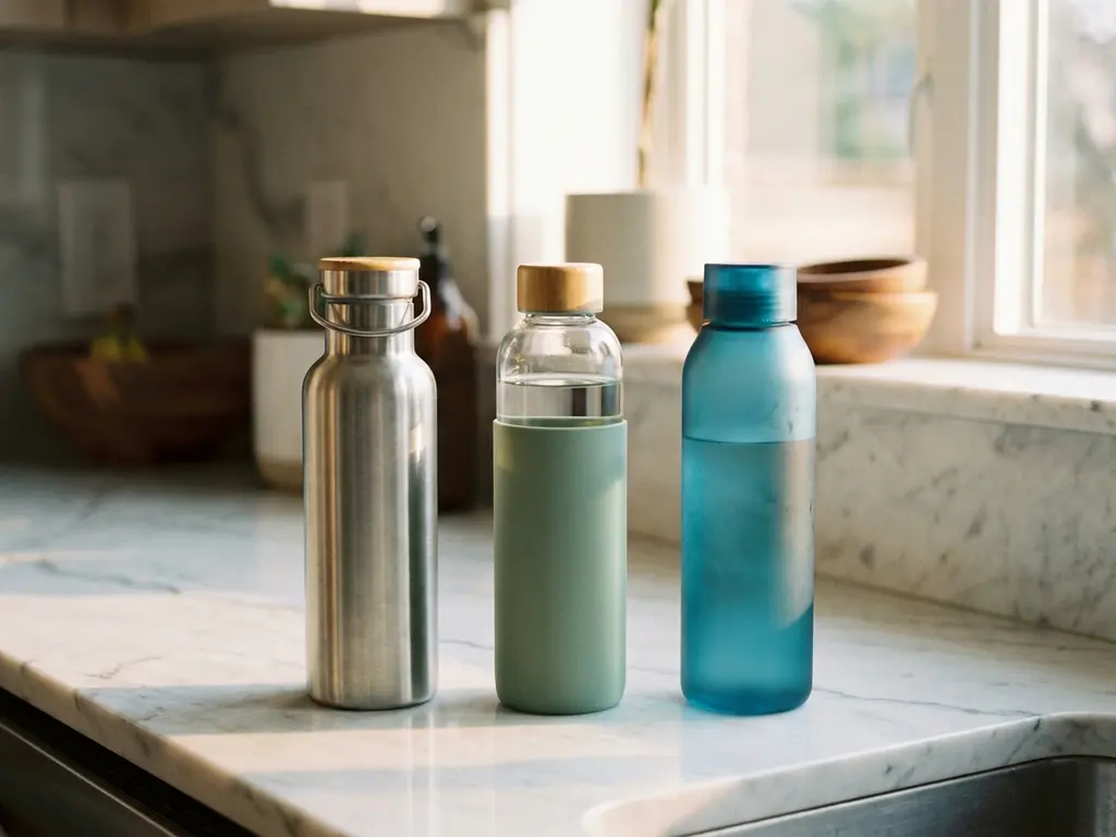 Drie waterflessen van roestvrij staal, glas en bioplastic op wit marmeren aanrecht in moderne keuken met natuurlijk licht