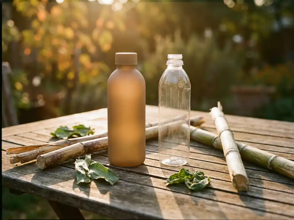 Biobased suikerriet waterfles naast standaard plastic fles op houten tafel, omringd door suikerrietstengels in warm goudenlichtuur.