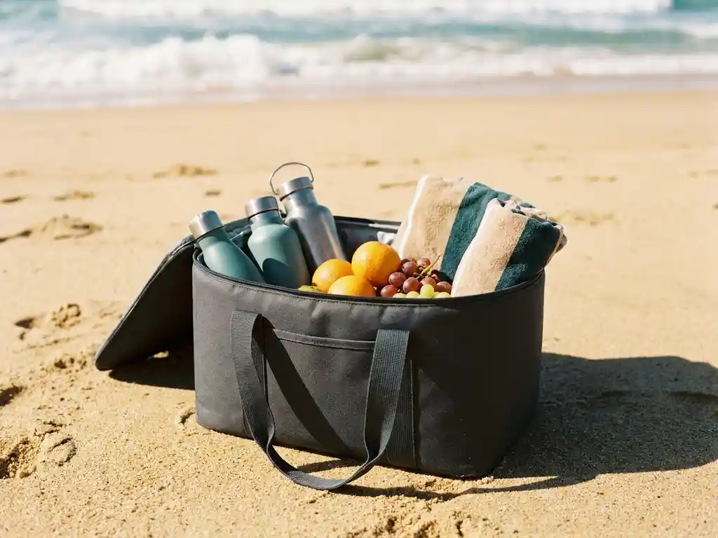Geïsoleerde koeltas van gerecycled materiaal open op zand, omringd door roestvrijstalen flessen, vers fruit en gestreepte strandhanddoek, oceaan op achtergrond.