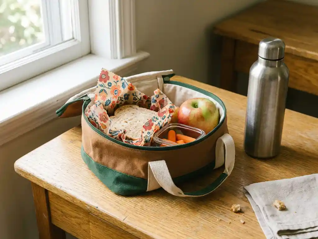 Herbruikbare stoffen lunchtas opengeklapt op eiken bureau met sandwich, appel en snackdoos, naast een roestvrijstalen drinkfles.
