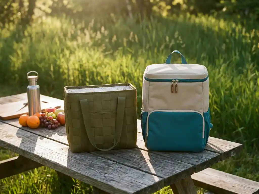 Geïsoleerde koeltas en koelrugzak op een houten picknicktafel met vers fruit en een roestvrijstalen waterfles in de zon.