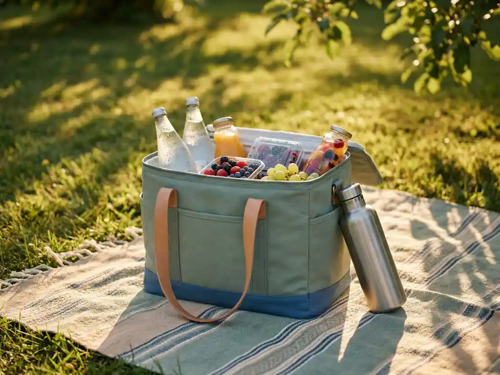 Geïsoleerde koeltas op picknickkleed met condenserende drankjes, vers fruit en roestvrijstalen fles in zomers gouduur licht.