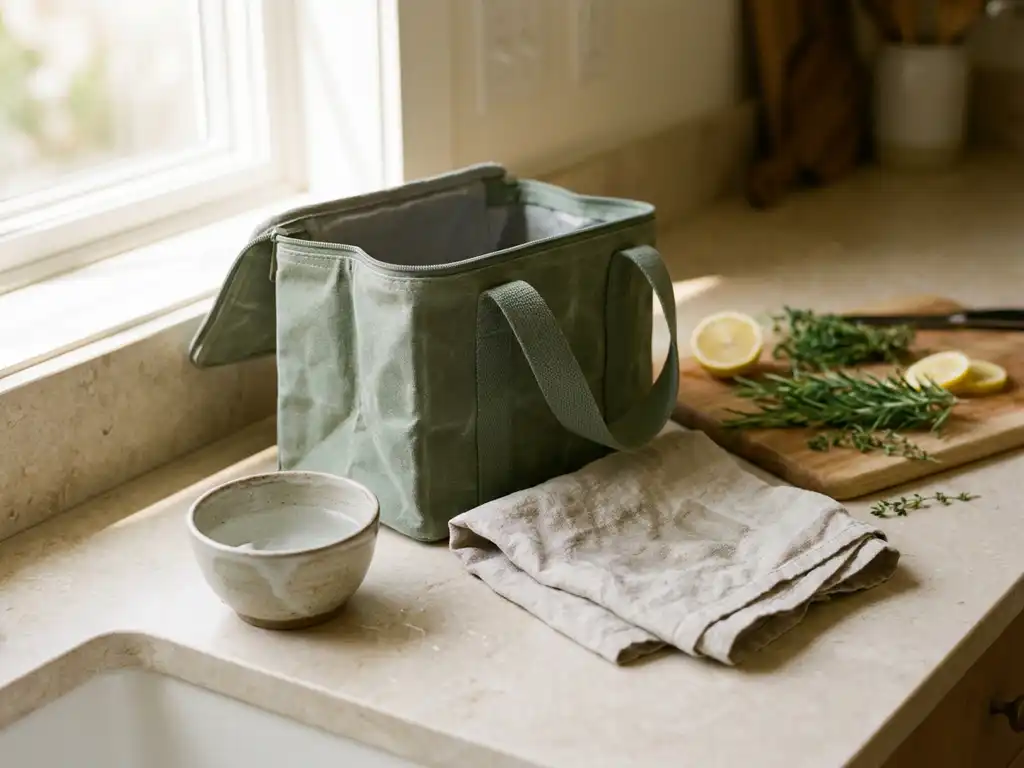 Open salie groene lunchtas op keukenblad met vochtige doek, kommetje water, verse kruiden en citroen voor schoonmaakroutine.