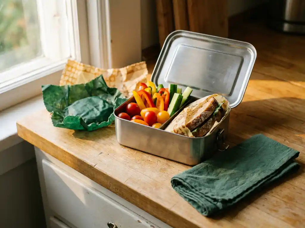 Roestvrijstalen lunchbox met verse groenten en sandwich, omringd door bijenwasfolie en katoenen servet op houten tafelblad.