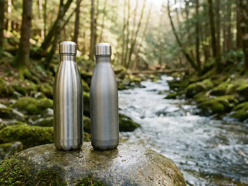 Roestvrijstalen en mat aluminium drinkfles naast elkaar op natte steen bij een beek, omgeven door groen mos.