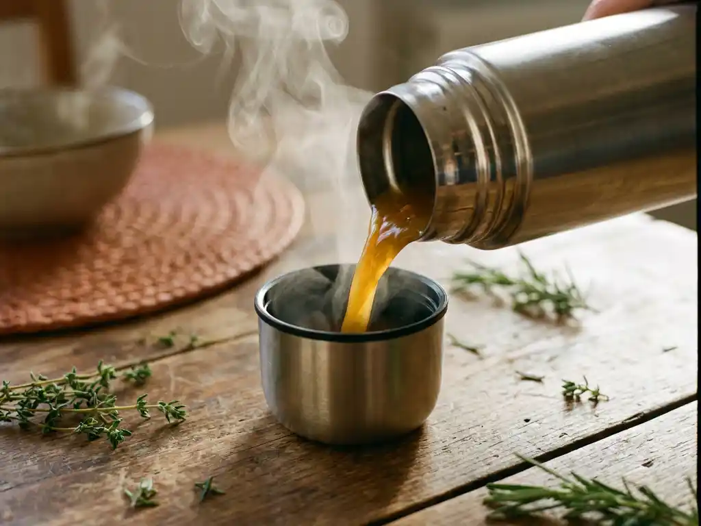 Roestvrijstalen thermosfles die dampende bouillon inschenkt in de dekselkop, met verse kruiden op een rustieke houten tafel.
