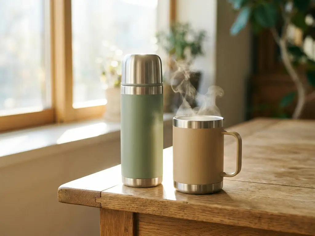 Roestvrijstalen thermosfles en geïsoleerde tumbler met handvat op eiken tafelblad, zachte stoom stijgt op in ochtendlicht.